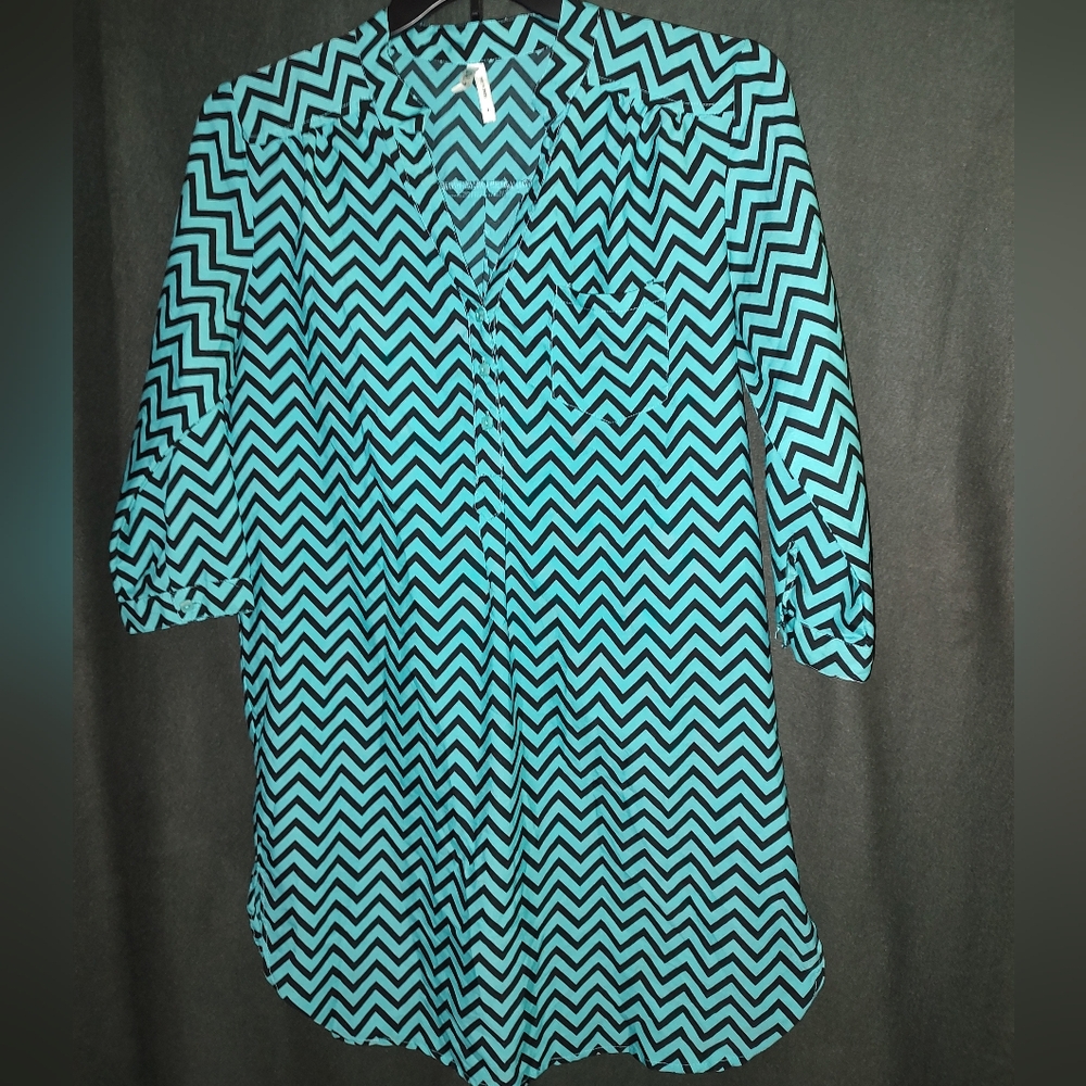 Live 4 Truth Tunic Mini Dress Chevron 3/4 Sleeve Green Blue LARGE Pre-owned